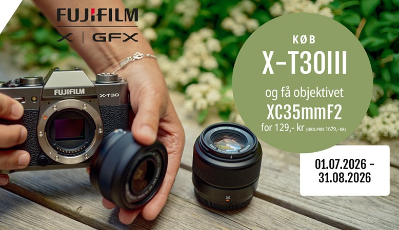 K&oslash;b et Fuji X-T30 III kamera og f&aring; objektivet XC 35mm f/2 med for kun 129,- kr.